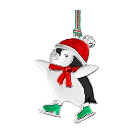 Silver-toned enamel penguin Christmas tree ornament with red Santa hat, red scarf, and green ice skates, hanging from striped ribbon