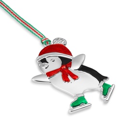 Silver enamel ice-skating penguin Christmas tree ornament with red hat, red scarf, and green skates, hung on a striped ribbon