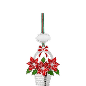 Newbridge silver hanging Christmas ornament with red poinsettia basket design, white enamel, red bow, and striped ribbon hanger