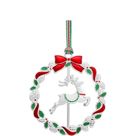 Newbridge silver Christmas wreath hanging ornament with reindeer, red bow, green enamel holly, and striped ribbon hanger