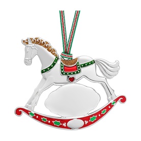 Newbridge silver rocking horse Christmas ornament with red and green enamel holly detail, hung on a festive striped ribbon