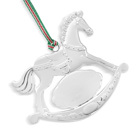 Newbridge silver rocking horse Christmas tree ornament with beaded detailing and red and green ribbon hanger