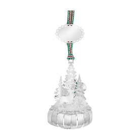 Newbridge silver hanging Christmas ornament with frosted winter scene of trees and deer, striped red and green ribbon hanger