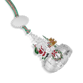 Newbridge silver hanging Christmas decoration with crystal bell, enamel Santa, snowman and reindeer charms, and striped ribbon loop