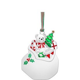 Newbridge silver Christmas tree ornament featuring a white bear with gifts, holly, and festive ribbon hanger