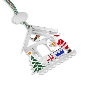 Newbridge silver Christmas tree decoration featuring Santa, snowman, train and star enamel details with striped ribbon hanger