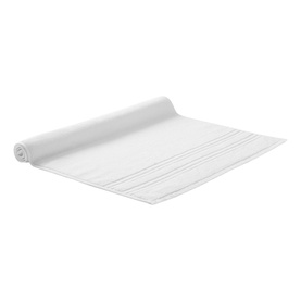 Christys white bath towelling mat, rolled to show textured stripe detail, photographed flat against white background.