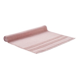 Rolled dusty pink cotton table runner with woven stripe border detail, shown flat on white background