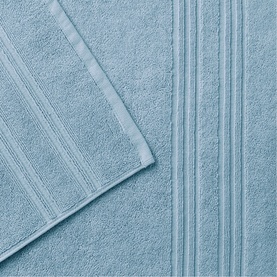 Christys Bath Towelling in Faded Denim, soft cotton terry fabric with ribbed border detailing, folded flat lay