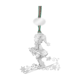 Newbridge silver metal skier Christmas tree ornament with striped ribbon hanger and snowflake detailing
