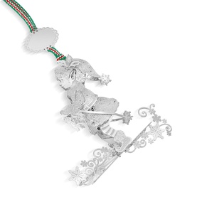 Newbridge silver metal skiing figure Christmas ornament with snowflake details and red and green ribbon hanger