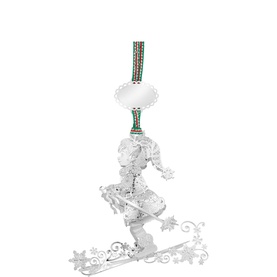 Newbridge silver metal skier Christmas tree ornament with striped ribbon hanger and snowflake detailing