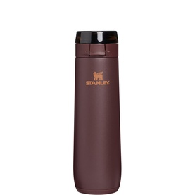 Stanley insulated bottle in deep coffee burgundy with gold logo, flip-top lid, and smooth matte finish