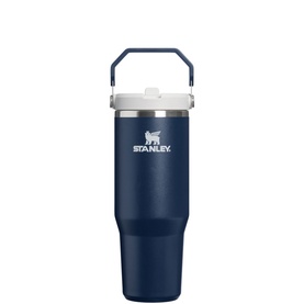 Stanley tumbler in dark navy with silver lid, carry handle, and straw opening