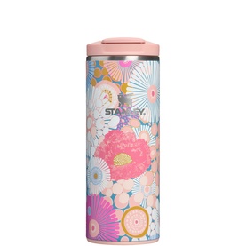 Stanley mug in Sorbet Wildflower print, featuring pink, blue and gold floral pattern with pink lid, insulated travel bottle design.