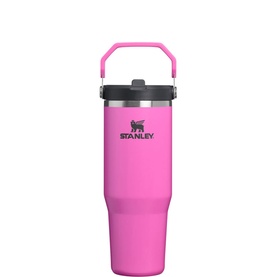 Stanley tumbler in hot pink with matching handle-lid and straw, stainless steel construction, front logo view