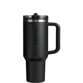 Stanley black insulated tumbler with handle, straw lid, and matte finish