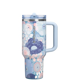 Stanley Tumbler in Blue Dream Wildflower, floral print with handle, straw lid, double-wall insulated travel cup