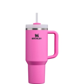 Stanley tumbler in Hot Pink with handle, straw lid, and double-wall insulated body