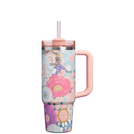 Stanley Tumbler in Sorbet Wildflower, floral print with pink handle, lid, and reusable straw