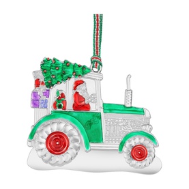 Newbridge silver Christmas tree ornament, green tractor with Santa, gifts, and striped ribbon hanger