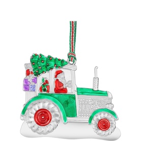 Newbridge silver Christmas tree ornament, green tractor with Santa, gifts, and striped ribbon hanger