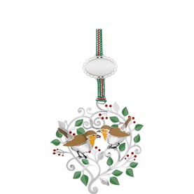 Newbridge silver hanging Christmas ornament with two robins on decorative branches, red berries, green leaves, and striped ribbon