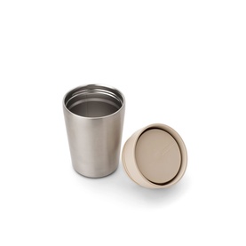 Brabantia soft beige insulated cup with removable lid, stainless steel interior, shown with lid placed beside cup