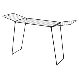 Brabantia Matt Black foldable clothes drying rack with winged arms and slim metal wire construction on angled legs