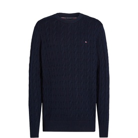 Tommy Hilfiger cable-knit crew-neck jumper in Desert Sky, featuring signature flag logo embroidery on chest