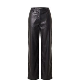 Forever New black faux leather wide-leg trousers with belt loops and straight cut, laid flat