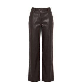 Forever New chocolate faux leather wide-leg trousers with belt loops and straight hem, flat lay view