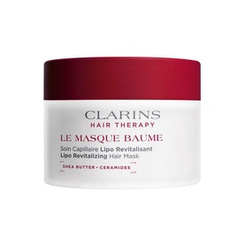 Clarins Le Masque Baume Hair Mask in a white and red lidded pot with shea butter and ceramides formula