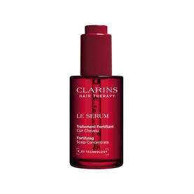 Clarins Le Serum Hair Serum in a red glass dropper bottle, Fortifying Scalp Concentrate formula