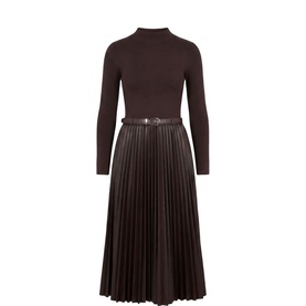 Forever New chocolate midi dress with ribbed roll neck, long sleeves, pleated faux-leather skirt and slim belt detail