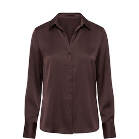Forever New satin shirt in Chocolate Freckle, featuring a classic collar, button-front fastening and long sleeves with cuffs.