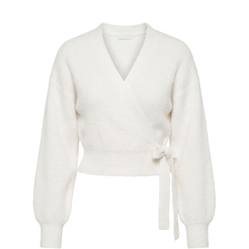 Forever New wrap-style knit sweater in Porcelain, featuring a V-neckline, balloon sleeves, and tie waist detail