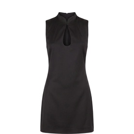 Forever New black sleeveless mini dress with mock neck and teardrop keyhole cutout detail, structured A-line silhouette