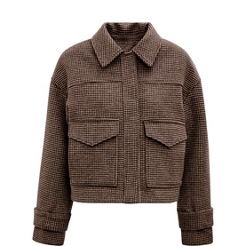 Forever New Brown Check cropped wool-blend jacket with spread collar, zip front, and dual flap chest pockets