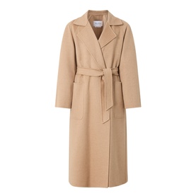 Max Mara camel wool belted wrap coat with notched lapels, patch pockets, and longline silhouette