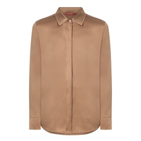 Max Mara Studio tobacco silk-blend shirt with concealed button placket, pointed collar, and long sleeves