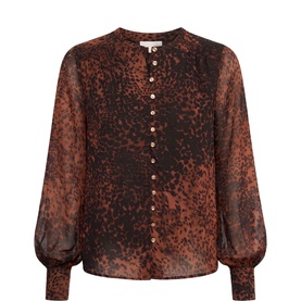 Forever New blouse in Flecked Spot print, rust and black tones, collarband neckline, balloon sleeves, gold button-through front