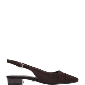 Dark brown suede slingback court shoe with square toe, buckle ankle strap, and low block heel