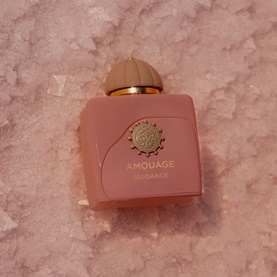 Amouage Guidance Eau de Parfum gift set, blush pink square bottle with gold dome cap and embossed brand medallion