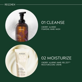 Aveda Cherry Almond two-step hand care regimen: foaming hand wash and Hand Relief Moisturizing Creme tubes on green background