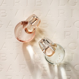 Bulgari Omnia Crystalline EDT and Hand Cream Gift Set; two bottles in rose and pale green tones on cream embossed background