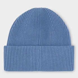 Calvin Klein Monogram Logo Patch Beanie Hat in Dark Denim blue, ribbed knit with wide turn-up brim