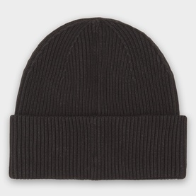Calvin Klein Monogram Logo Patch Beanie Hat in black, ribbed knit with turn-up brim, flat lay view