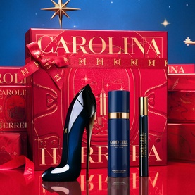 Carolina Herrera Good Girl Eau de Parfum, Body Mist & Travel Spray Gift Set; iconic stiletto bottle, blue packaging, red gift boxes backdrop
