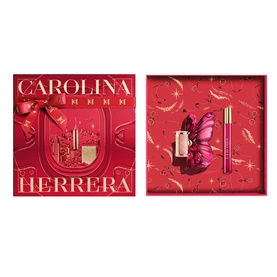 Carolina Herrera La Bomba Eau de Parfum & Travel Spray Gift Set 50ML in red branded box with bow, featuring full-size bottle and travel spray.